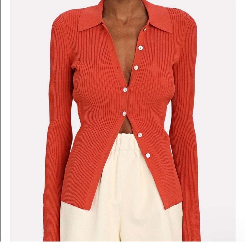 LE ORE BANDIER NEW Orange Ribbed Knit Rimini Button Down Cardigan Top Size S NWT